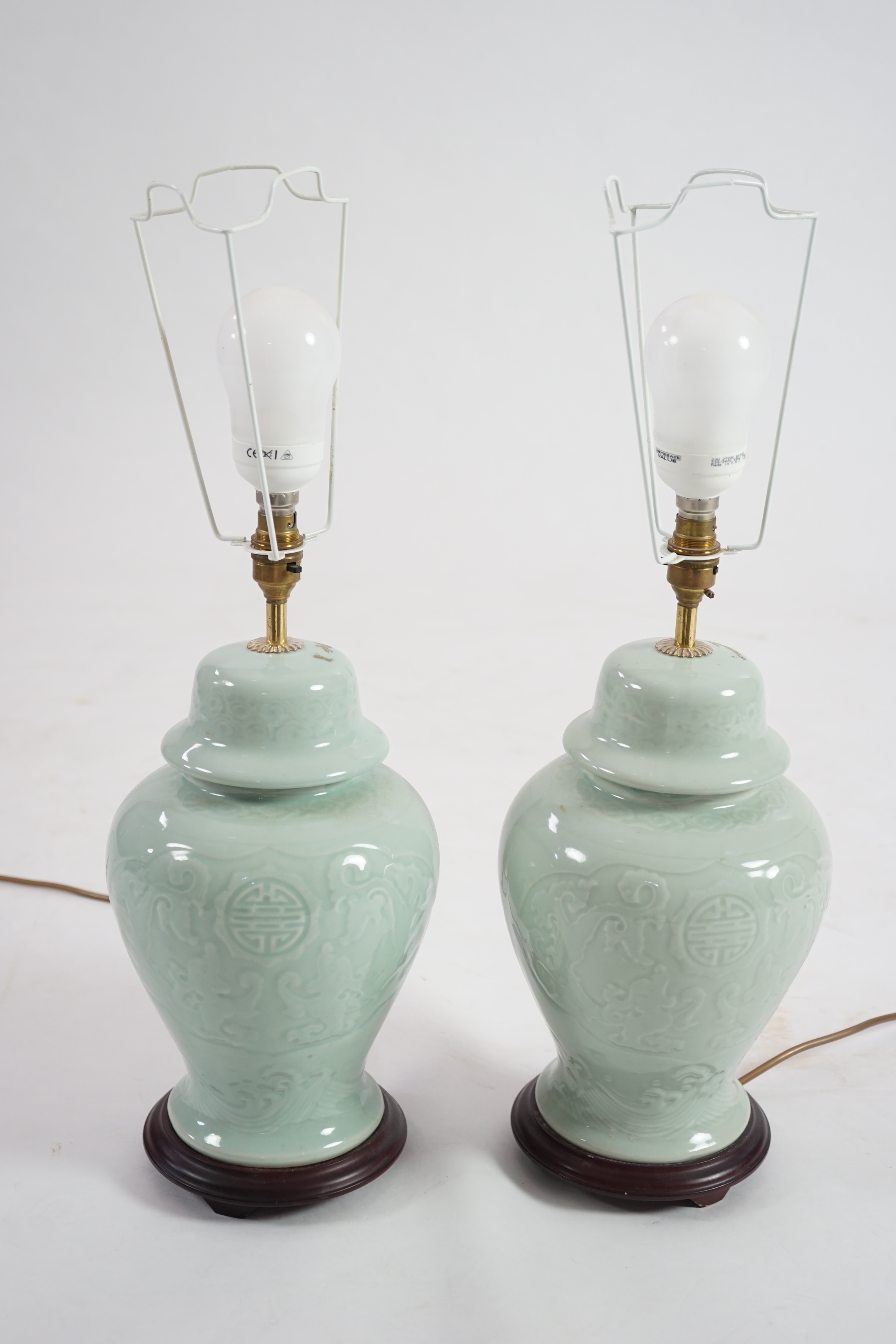 A pair of modern Chinese celadon glazed table lamps